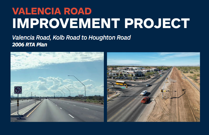 Graphic announcing the Valencia Road Improvement Project. Features two images of road construction on Valencia Road.